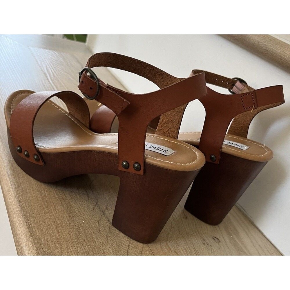 Steve Madden Luna Platform Wooden Clog Ankle Strap Heeled Sandals Size 9 Brown - Picture 2 of 12